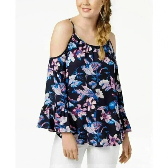 7 Sisters Women's Navy Floral Bell-Sleeved Cold-Shoulder Blouse, Small - Picture 3 of 5